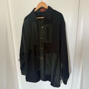Men's Suede and Corduroy Colorblock Black and Green Button Down Size XL